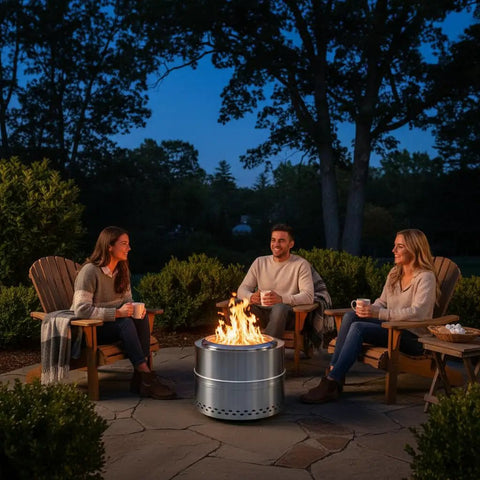 Smokeless Firepit Bonfire 20 Inch Outdoor Stainless Steel Stove Portable with Carry Bag for Camping Patio Backyard Easy Setup and Cleaning 360 Degree Airflow for Cozy Warmth and Real Outdoor Vibes with friends on patio at dusk
