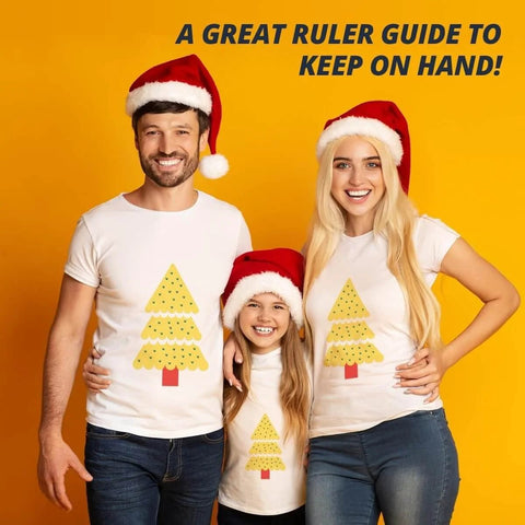 Family wearing Christmas tree shirts and Santa hats, showcasing T Shirt Ruler For Vinyl Alignment.