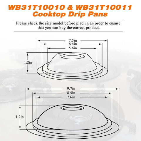 Dimensions for Chrome Range Drip Pans For Electric Stoves Fits GE Hotpoint Kenmore Electric Ranges With Locking Slot 4 Pack