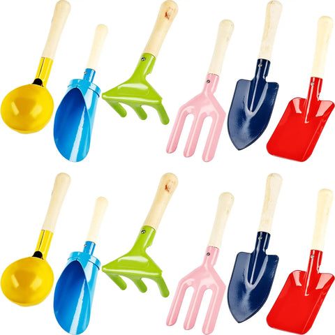 12 Piece Kids Beach Toys Set With Metal Shovels Rakes Forks And Wooden Handles For Sand Play, colorful tools on display