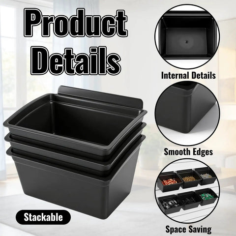 6 Pack Slat Wall Bins Durable Plastic Storage Bins for Workshops and Retail Stores, stackable design with smooth edges, internal details view.