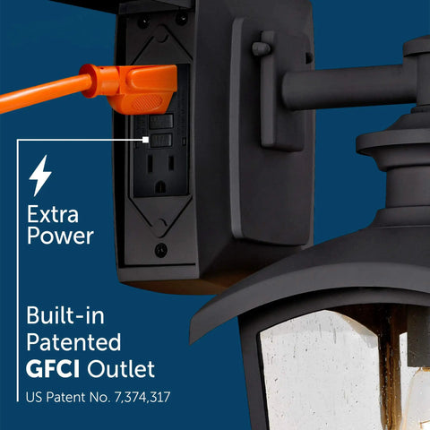Close-up of Go-To Outdoor Wall Lantern 1 Light With Seeded Glass And Built In GFCI Outlet Black Finish showing GFCI outlet