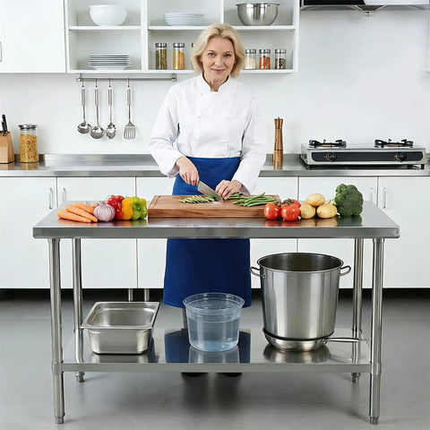 Stainless Steel Workbench With Dual Tier Storage Rack, 31.5 By 20 Inches, Heavy Duty Prep Table in a kitchen setting with vegetables.