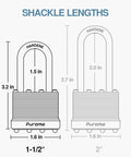 Diagram showing 1.5 inch and 2 inch shackle lengths for Three Pack One And A Half Inch Shackle Heavy Duty Padlocks