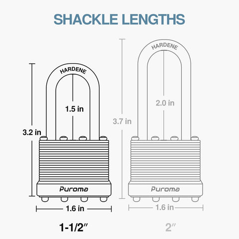 Diagram showing 1.5 inch and 2 inch shackle lengths for Three Pack One And A Half Inch Shackle Heavy Duty Padlocks