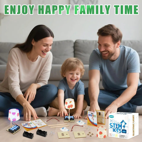 Hands On STEM Lamp Kits For Kids Ages 6 To 12, 6 Pack Bulk Science Craft Projects To Build Wooden Electric Table Lamps, Learn Circuits And Basic Electronics, Ideal For Classrooms Or Home Learning, Batteries Not Included, family assembling lamp kit