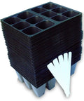 Stack of No Fuss Seedling Starter Trays Set With 720 Cells, 120 Trays, 6 Cells Each, 1.5 Inch Square Cells, with Plant Labels