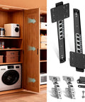 Open cabinet with 16 Inch Pocket Door Slides With Hinges For Cabinets, Space Saving Sliding System, next to installation kit