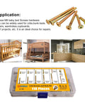 All In One Crib Screws And Nuts Kit For Beds Chairs And Furniture shown with screws, application examples, and labeled box.