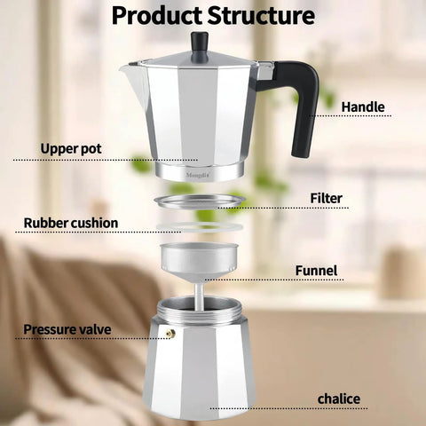 Diagram of a Stovetop Espresso Maker Moka Pot For Barista Grade Espresso, 6 Cup 10 Oz Italian Greca Mocha Pot with labeled parts.