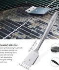 8 Piece BBQ Grill Tools Set With Extra Thick Stainless Steel spatula, fork, tongs, cleaning brush on grill, close-up view.
