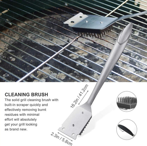 8 Piece BBQ Grill Tools Set With Extra Thick Stainless Steel spatula, fork, tongs, cleaning brush on grill, close-up view.