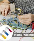 Person using All In One Quick Disconnect Piggyback Spade Connector Kit For 22 10 AWG Wires, 30 Semi Insulated Terminals for home wiring
