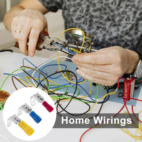 Person using All In One Quick Disconnect Piggyback Spade Connector Kit For 22 10 AWG Wires, 30 Semi Insulated Terminals for home wiring