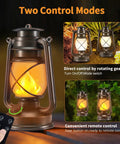 Two Pack Battery Powered LED Bronze Vintage Lanterns With Remote Control Dual Lighting Modes Flame Simulation And Ambient Glow.