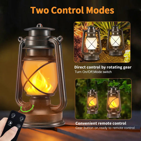 Two Pack Battery Powered LED Bronze Vintage Lanterns With Remote Control Dual Lighting Modes Flame Simulation And Ambient Glow.