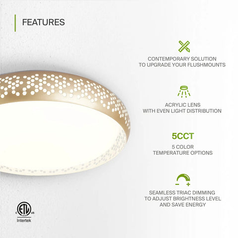 20 Inch LED Flush Mount Ceiling Light Fixture In Modern Gold Finish with acrylic lens and dimming features highlighted