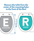 Diagram showing measurement guide for elongated and round toilet seats, highlighted with dimensions in inches and centimeters.
