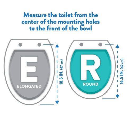 Diagram showing measurement guide for elongated and round toilet seats, highlighted with dimensions in inches and centimeters.