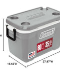 Classic Series Insulated Portable Cooler With Leak Resistant Build Keeps Ice For Days, 52 Quart, grey color with handles and cup holders.