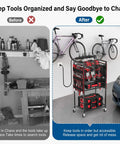 Power Tool Organizer Cart for Garage With 8 Outlet 3 USB Charging Station, showing organized and cluttered situations side by side.