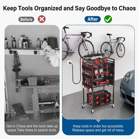 Power Tool Organizer Cart for Garage With 8 Outlet 3 USB Charging Station, showing organized and cluttered situations side by side.