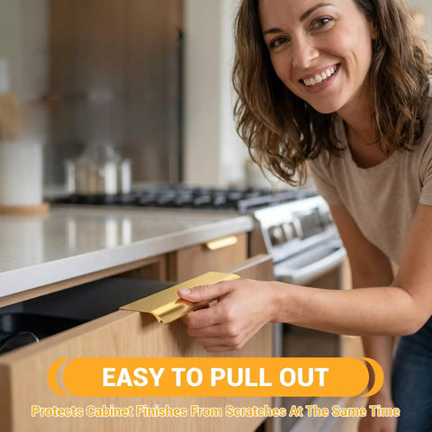Woman using Heavy Duty 10 Pack Edge Finger Pulls For Cabinets Sleek Concealed Drawer Hardware in kitchen.