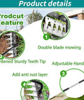 Adjustable Long Handle Weed Puller With 8 Tines Heavy Duty Design showing double blade mowing and adjustable handle features.