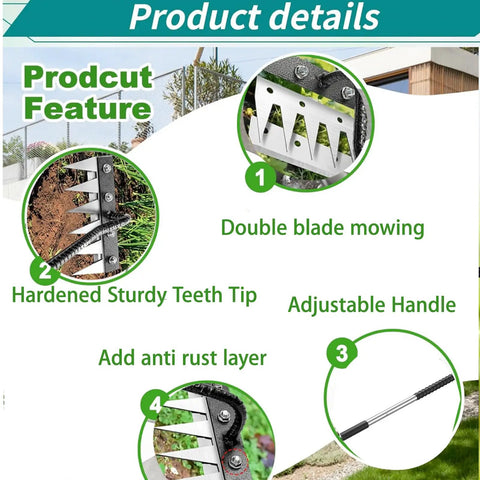 Adjustable Long Handle Weed Puller With 8 Tines Heavy Duty Design showing double blade mowing and adjustable handle features.
