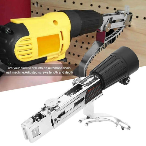 Automatic Drill Nailer Conversion Kit attached to a power drill for DIY cabinet assembly and ceiling mounts.