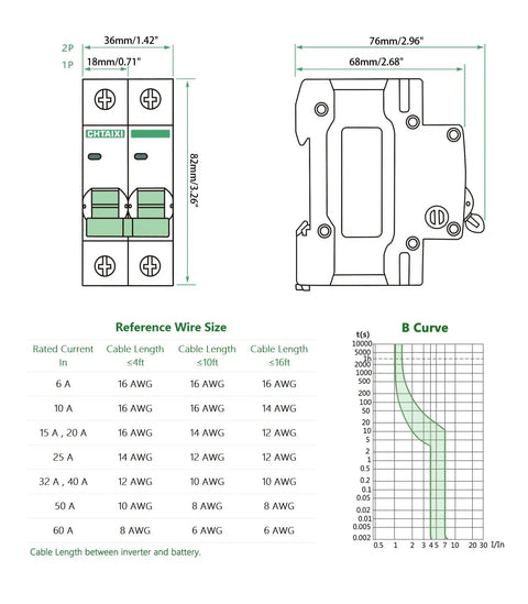 Diagram showing dimensions and wire sizes for 12V-110V DC Miniature Circuit Breaker, 15 Amp 2-Pole Battery Protector For Solar PV Systems And RVs, Thermal Magnetic Trip, DIN Rail Mount DC Disconnect Switch, Beefy Short-Circuit Protection With Quick Trip.