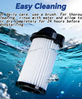 6 Pack HEPA Pre Motor Filter Replacement With Extra Hand Brushes Fits Eye Vac And Neo Vac Touchless Stationary Vacs submerged in water for cleaning.