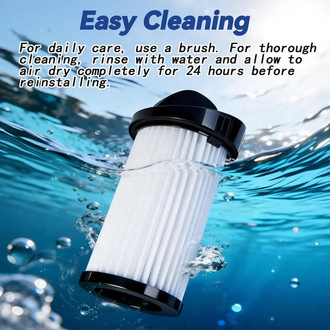 6 Pack HEPA Pre Motor Filter Replacement With Extra Hand Brushes Fits Eye Vac And Neo Vac Touchless Stationary Vacs submerged in water for cleaning.