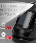 Close-up of Auto Darkening Welding Helmet With Rechargeable Fan And Light, showing light feature, large viewing window, and controls.