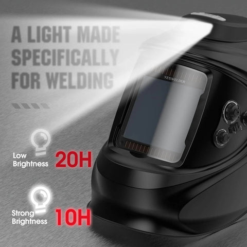 Close-up of Auto Darkening Welding Helmet With Rechargeable Fan And Light, showing light feature, large viewing window, and controls.