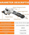 Heavy Duty Pneumatic Steel Strapping Machine With Separate Tensioner And Sealer For 0.8-1.2mm Thickness Metal Bands showing features and parameters.
