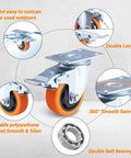 3 Inch Caster Wheels Set of 4 with Brakes, Quiet Polyurethane Casters for Shelves Gates Toolboxes, shown with features and specs