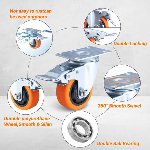 3 Inch Caster Wheels Set of 4 with Brakes, Quiet Polyurethane Casters for Shelves Gates Toolboxes, shown with features and specs
