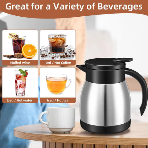 Set Of Two Heavy Duty Thermal Coffee Carafe And Creamer Pitcher In Sleek Silver Finish With Double Wall Insulation Keeps Your Daily Brew Hot Or Cold Hella Long Includes Matching Clean Brushes For Home And Office with different beverage options.