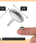 Real Solid Silver Flat Head Thumb Tacks And Push Pins With Slick Low Profile Design Straight Up Perfect For Bulletin Boards Office Crafts And School Projects In A Massive Five Hundred Pack That Really Gets The Job Done, showing dimensions 5/16" and 3/8".