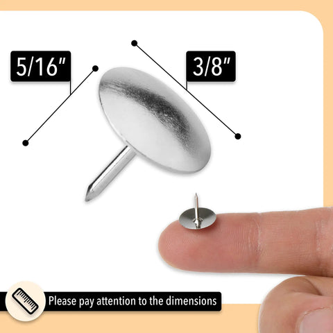Real Solid Silver Flat Head Thumb Tacks And Push Pins With Slick Low Profile Design Straight Up Perfect For Bulletin Boards Office Crafts And School Projects In A Massive Five Hundred Pack That Really Gets The Job Done, showing dimensions 5/16" and 3/8".
