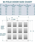 Bi-fold door size chart showing dimensions for door openings from 48x80 to 72x80 inches, highlighting 78 inch door height.