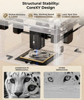 P1 5W Laser Engraver For Beginners engraving image of leopard with CoreXY design, 10000mm/min speed, showing motion accuracy 0.1mm.
