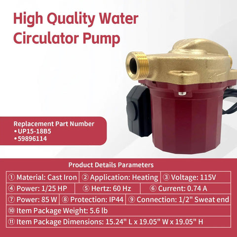 Top Tier 115V 1 25Hp Circulator Pump With One Half Inch Sweat Connections, featuring brass end and cast iron body for heating.