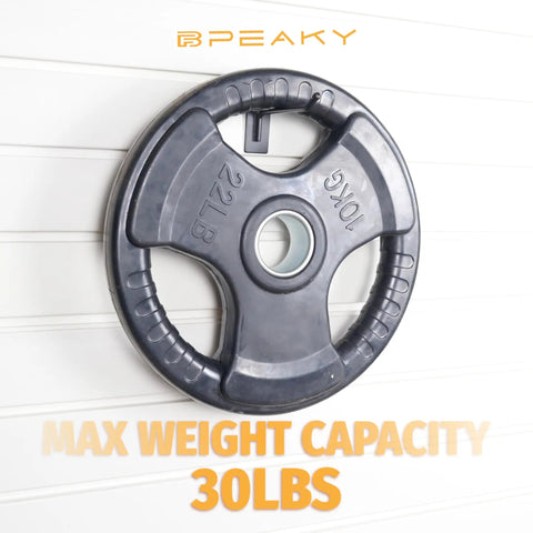 Black slatwall hook holding a 22lb weight with max capacity sign of 30lbs on a white slatwall display.