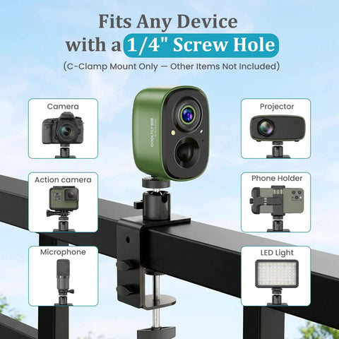 C Clamp Mount With 360 Degree Ball Head And 1/4-20 UNC Screw Adapter For Cameras And Solar Panels, Universal Bottom Mount, Fits Arlo Wyze Nest Ring Outdoor Cameras, Adjustable Tilt, Rock Solid Grip For Stable Shots on railing