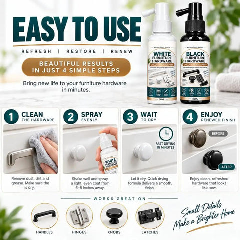 Cabinet Hardware Spray Paint, Quick-Dry Refinish for Knobs & Hinges tutorial layout, featuring cleaning and spraying steps.