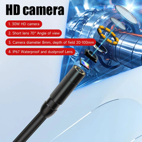 Diagram of Handheld Workhorse Borescope Endoscope Tool With 30W Pixel Camera, showcasing lens design and specifications.