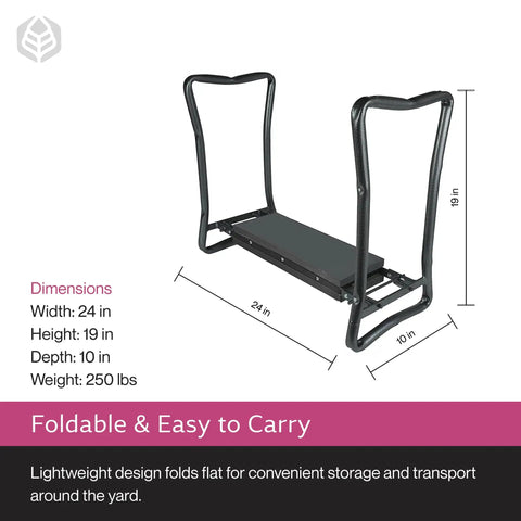 Foldable Garden Kneeler And Seat For Weeding And Harvesting Heavy Duty Steel Frame Foam Padded Kneeling Bench All In One Garden Stool Lightweight Yet Durable 24 By 19 By 10 Inches Silver And Black showing dimensions