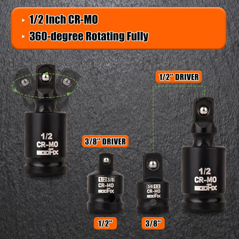 Heavy Duty Pro Grade Impact Socket Set One Half Inch Drive Deep Chromium Molybdenum 6 Point Axle Nut Sockets
